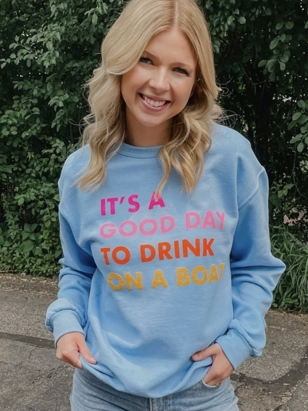 Blue Crewneck Sweatshirt with Bright Text